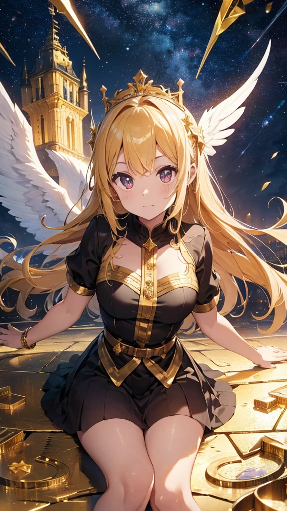 divine empire guarded by angels, dream citadel,golden walls decorated with gems of different colors and shapes, streets paved with gold,rivers of Tourmaline , castillo de cristal,cielo estrellado