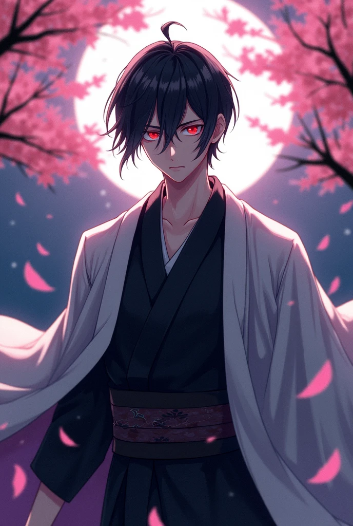 male character, straight black hair, Eyes red. Black kimono with a white cape on the shoulder. anime dash