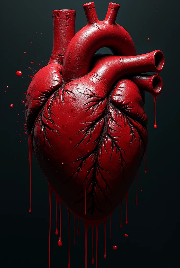 Drawing of a heart, without arteries,  with a gunshot wound, that is bleeding, and has blood splattered around it 