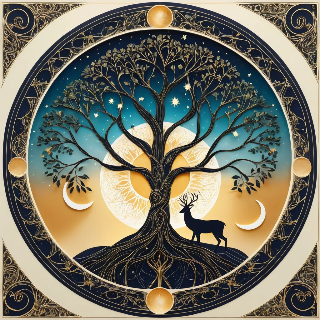 Elegant tree of life featuring sun, moon, and intricate engravings. Perfect for tarot, cards, tattoos, and posters. Generative AI (Evolution of life)、fibonacci、the golden ratio、melted wax、Visible brushstrokes、3D Mosaic Wireframe、neural graph、neurons、the tree of life、Farbe、Tenderness、passion、Ultra high definition、8k hd、Masterpiece artwork
