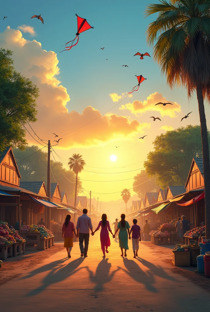 Make a news independent state where exit 5-7 people with sun arise, bird flying,kite flying, road,  bazar, tree and house,  building