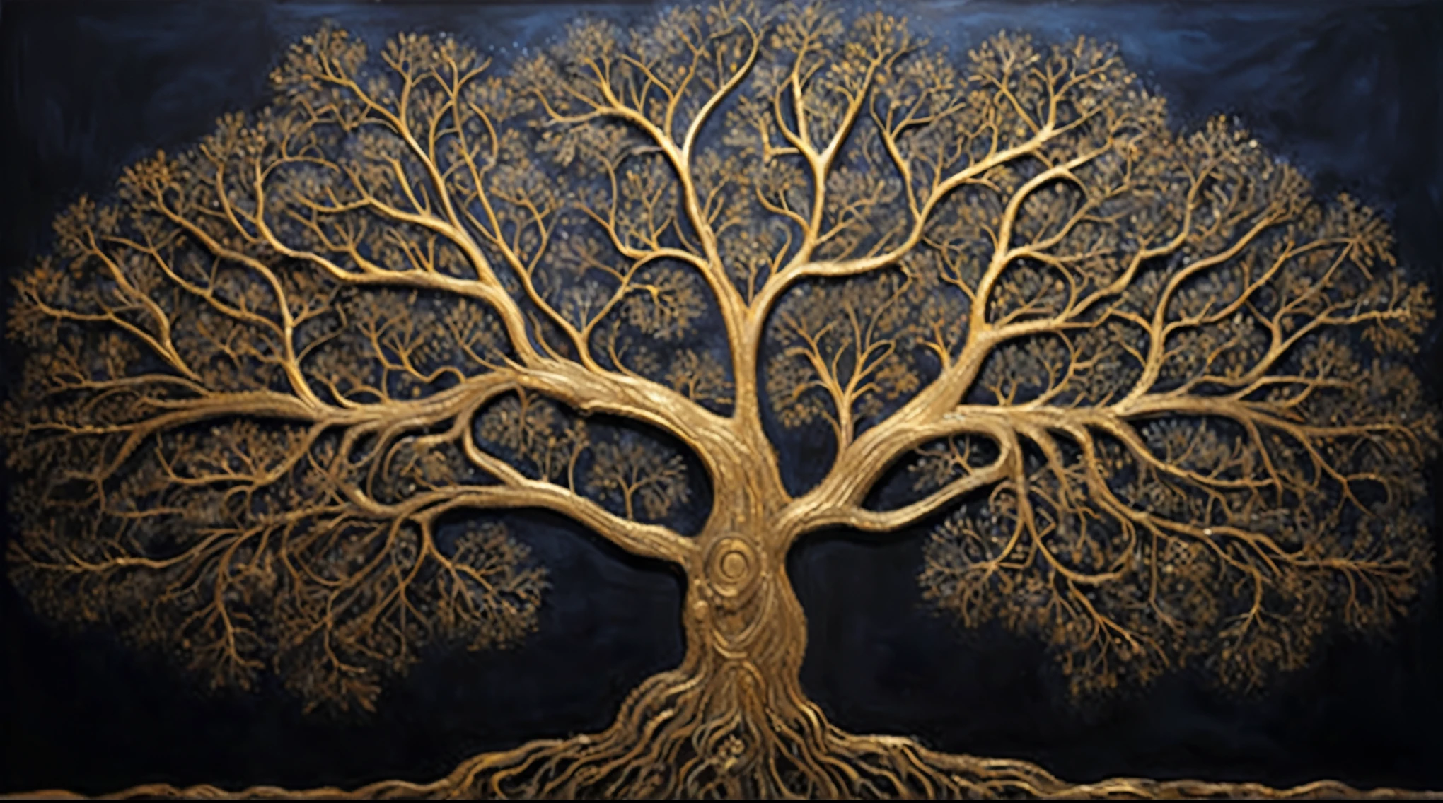 a close-up of a tree with a black background and a golden tree, golden sacred tree, the tree of Life, tree of Life, cosmic tree of life, ancient tree, Fantasy Tree, rich tree, highly detailed fine art, complex organic painting, highly detailed painting, the world tree, tree of Life seed of doubt, cosmic tree, magic tree