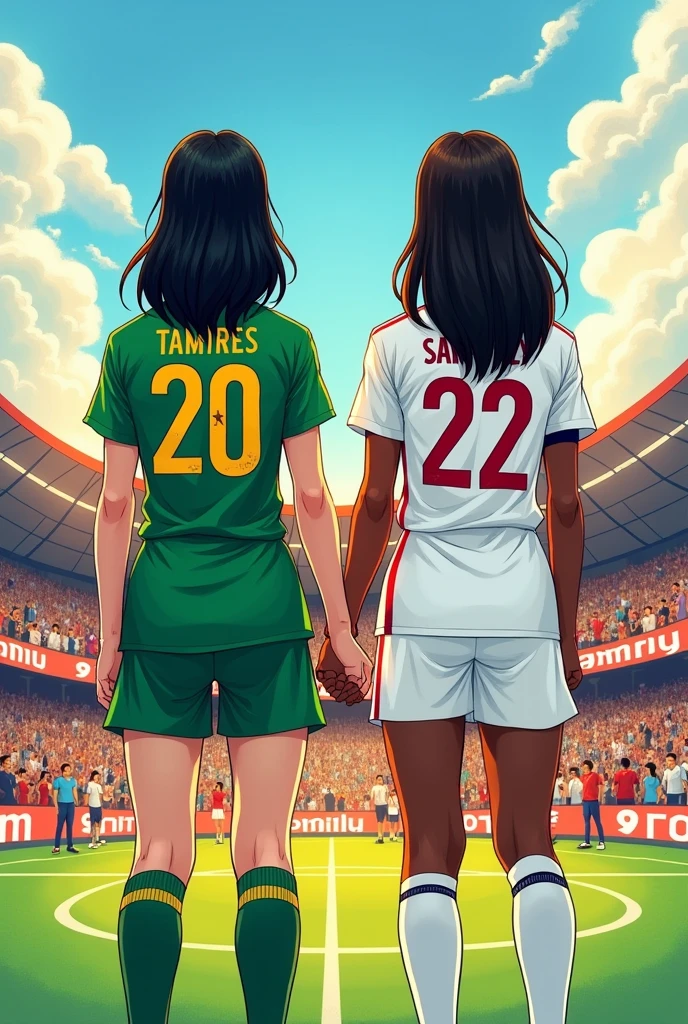 Illustration of two women holding hands with their backs to each other wearing football jerseys. one with white skin,Bblack hair, smooth and shorter a little below the shoulder, and with the green shirt with the number 20 on the back written TAMIRES. And the other with brown skin, straight and long hair, a little taller and wearing a white shirt with number 22 written SAMILLY