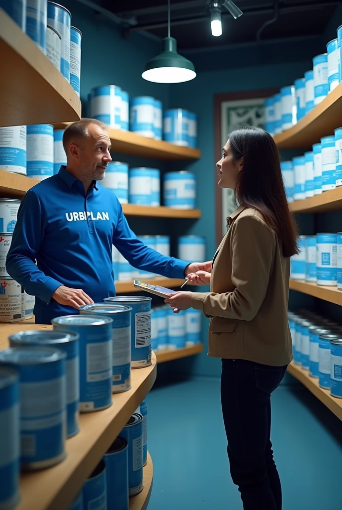 Imagine a realistic 8K scene inside a paint specialty store. The image highlights rectangular 18L paint cans, made of tin, carefully organized on shelves next to a counter. Behind the counter, a salesman is wearing a blue shirt with the name 'URBPLAN' written in white letters. He points to the paint cans while explaining the options to a customer, who observes carefully. The image is dominated by shades of blue, from the salesman's shirt to the labels on the cans and the details of the environment, creating a cohesive and harmonious atmosphere. The high resolution and realism of the details make the scene seem tangible, emphasizing the quality and organization of the store