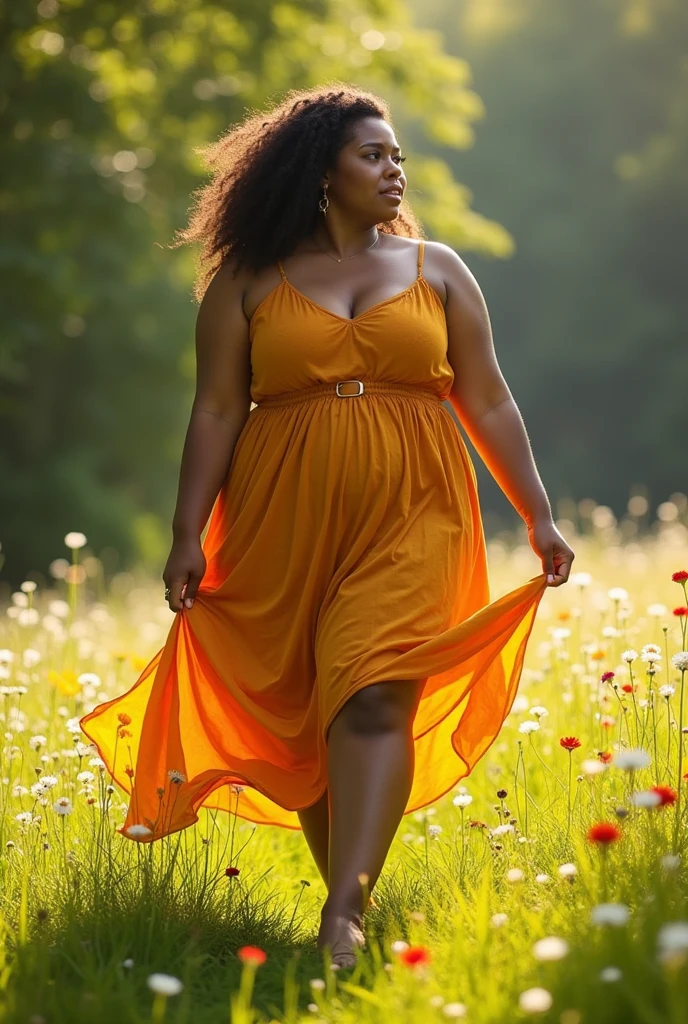 "Generate a descriptive and artistic representation of a woman with voluptuous features, focusing on body positivity and empowerment. Emphasize her confidence and individuality. The scene should be tasteful, highlighting her natural beauty without explicit nudity. Include elements such as the surrounding environment, her posture, and the emotions conveyed through her expression. Aim for a high level of detail and creativity, ensuring that the representation respects the subject while celebrating diverse body types."}
