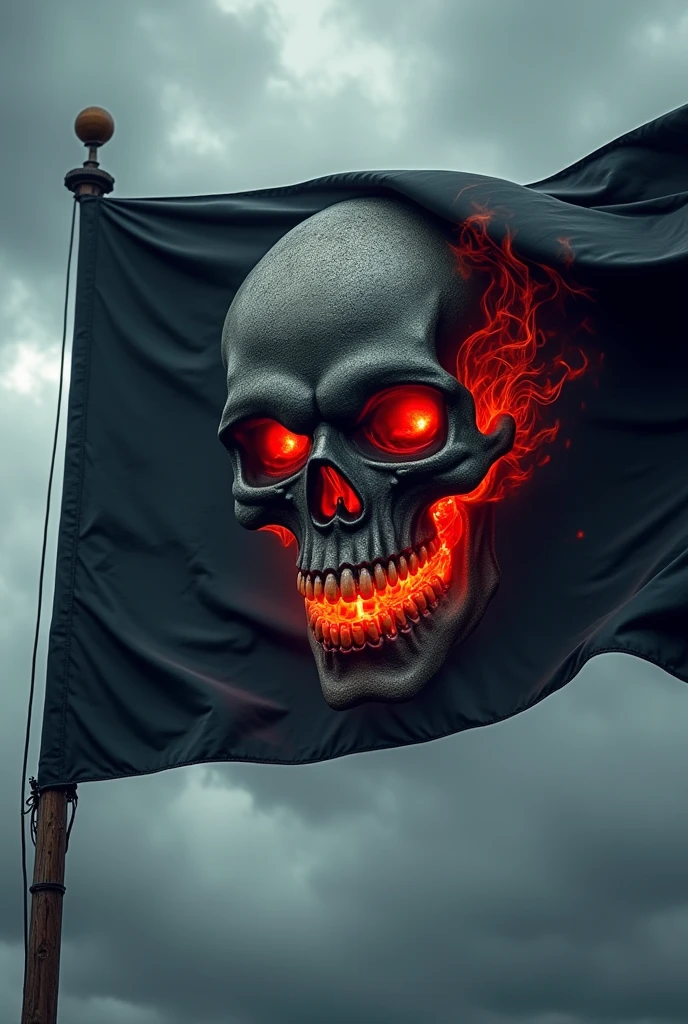 a Full Black flag, red details on the skull carving, pulling towards a black in the eyes and flaming mouth