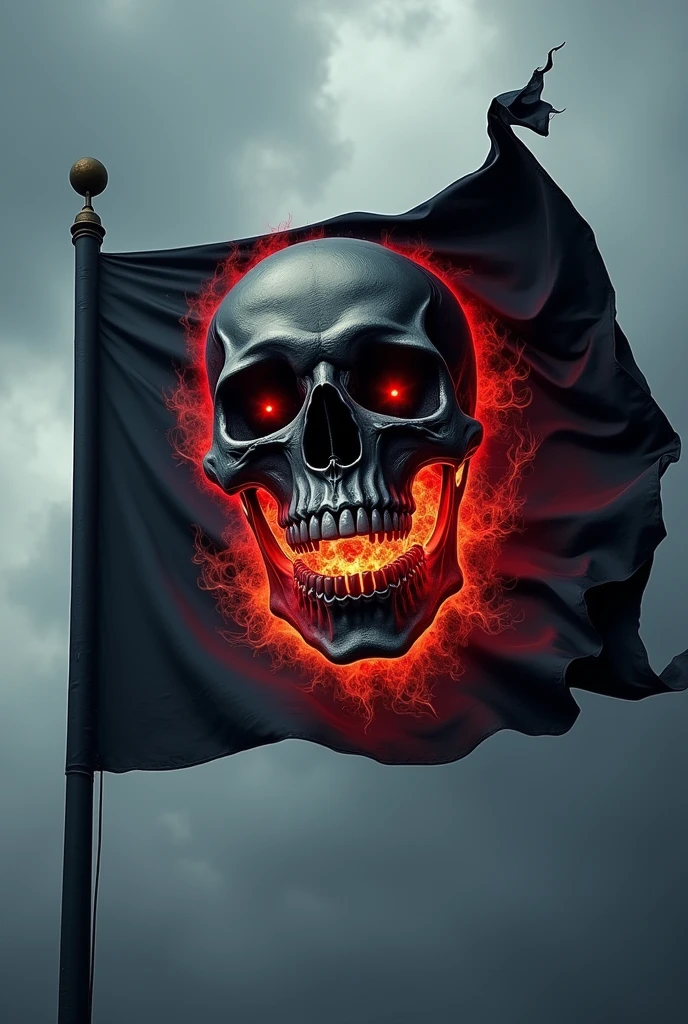 a Full Black flag, red details on the skull carving, pulling towards a black in the eyes and flaming mouth