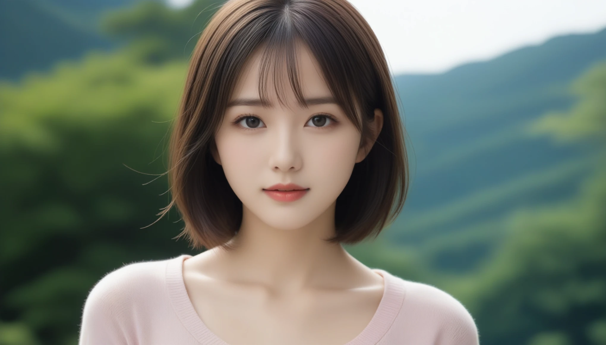8k, Ultra-high resolution, Highest quality, masterpiece, 三分割法によるphotograph,Surreal, photograph, 1 Girl, (:1.3), pretty girl, Cute Face, 細部までBeautiful Eyes, 細かくdetailedに,masterpiece,One Girl:1.2,Japanese women,Young Wife,upper body,smile,Black hair,Bowl cut,(Summer knitwear:1.3),wood々Inside,Mountain trail,Summer sunshine,wood漏れ日,(Beautiful attention to detail),Subtle details, detailedな顔, smile,Attractive girl,(のポートレートphotograph:1.4),(Photorealistic images:1.4),Fantasy art,(Beautiful Face:1.4),Beautiful and attractive eyes、Beautiful Eyes、(Tight waist:1.4)、(Beautiful with perfect body proportions:1.4),Pink Lips,Looking at the audience,(((Ideal body type))),A-cup small breasts :2,、Portraiture:2、Perfect Anatomy、鮮明なdetailed、detailed,Fashion magazine cover,Thin lips,完璧でBeautiful Face ,完璧でCute Face, Skin with attention to detail, Perfect limbs、Narrow waist,Surreal,Light and shadow,dappled sunlight