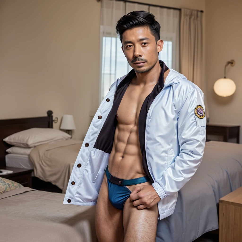 Male only >>>((Highest quality, 8K, Masterpiece:1.3)),Thailand Laos Burma Asia,Thai man buzz haircut,A handsome Asian sport  short hair,a muscular beard,.,１A man who has,yo,Good appearance,Beautiful nose,Detailed eyes and face,beautiful light,(studio),high resolution,(Look at the viewer.),Fine mouth,whole body:1.5,perfect shape:1.3,Picture of both shoulders:1.3,(t-shirt:1.2  ,wristband,landscape,(The background is  Bokeh:1.2),on the sea,(open_jacket:1.3),a little bit of a mustache, a little bit of brown hair, hair parted in the middle, lips, a prominent nose,, a good figure Big bulge real  , realistic, high resolution, standing SMOKING CIGARETTE in full  , arm and leg resolution, white skin, Really like Gong Yoo . full body huge bulge hammer  in friend's bedroom 