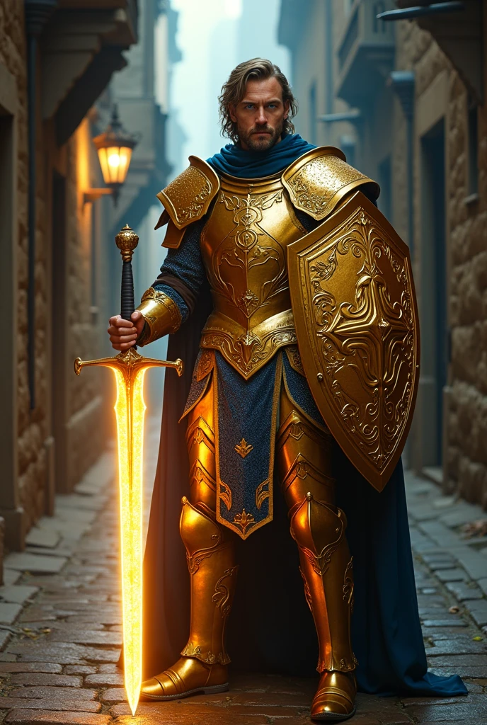A majestic paladin in golden armor, Wield a sword imbued with radiant light, And he has a huge golden shield. Paladin's blue eyes shine with determination as he makes his way through the dark and mysterious streets.. The glow of the Paladin's sword illuminates the surroundings., Revealing intricate details、Add a cinematic touch to your compositions. The overall aesthetics are、It captures the beauty and depth of the scene., Reminiscent of Fujifilm photos.