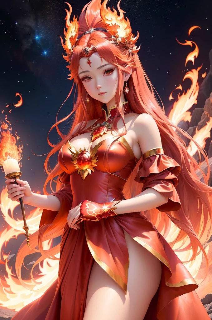 anime girl in red dress with fire and stars, goddess of fire, fantasy art style, the fire queen, fire dress, fire goddess, appears as the fire goddess, holy fire spell art, beautiful celestial mage, lava and fire goddess, anime fantasy artwork, hot fire goddess, anime goddess, 8k high quality detailed art, anime fantasy illustration, dress made of fire