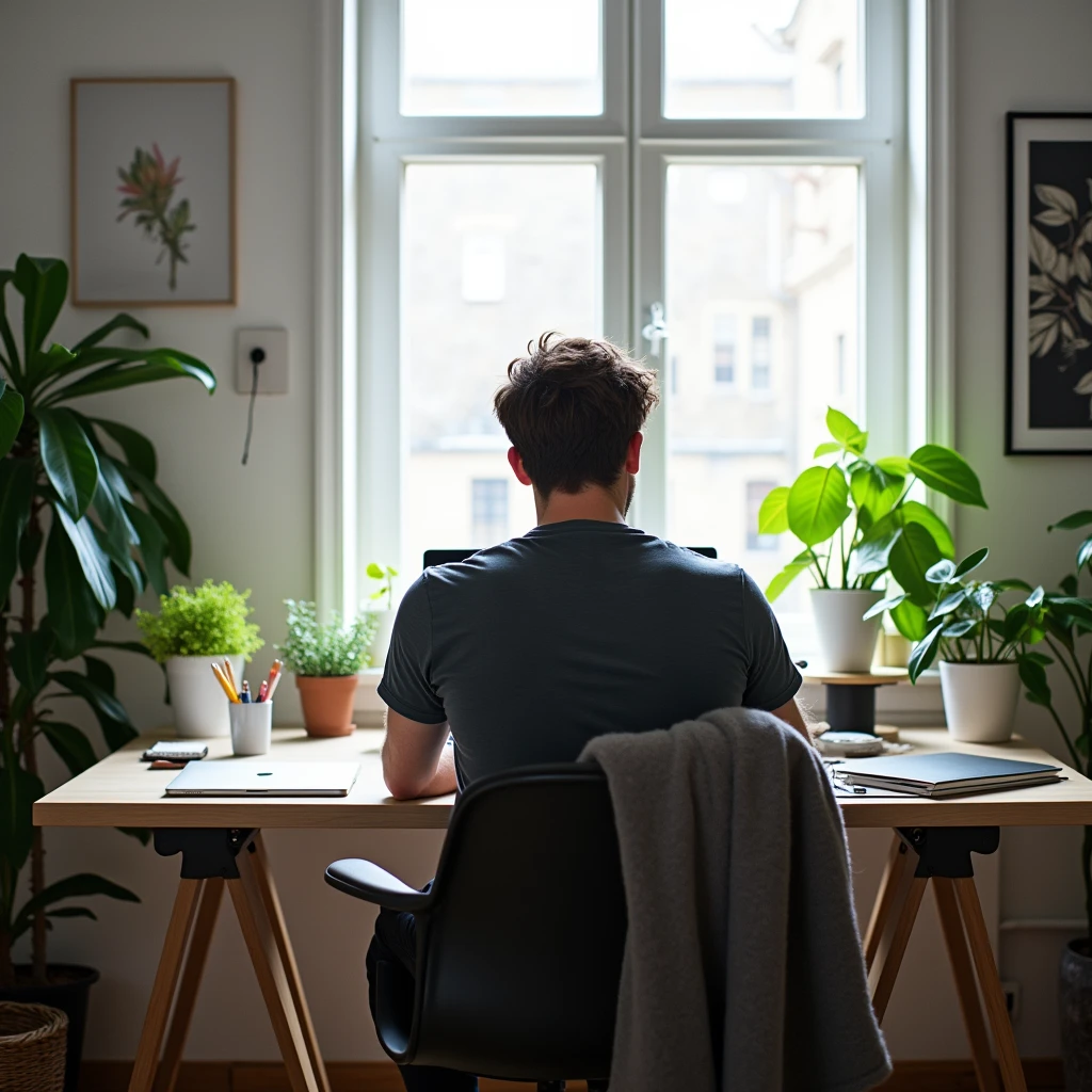 A young man is working online in an aesthetic workspace., Seen from behind