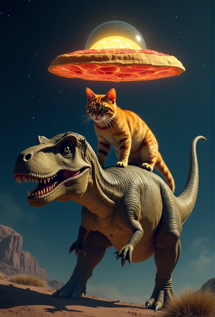 A cat rides on the back of a Tyrannosaurus rex,Aggressive Posture,There is a flying saucer shaped like a pizza in the sky.,The background is the vastness of space,Realistic style,Ultra Clear,Photorealistic,