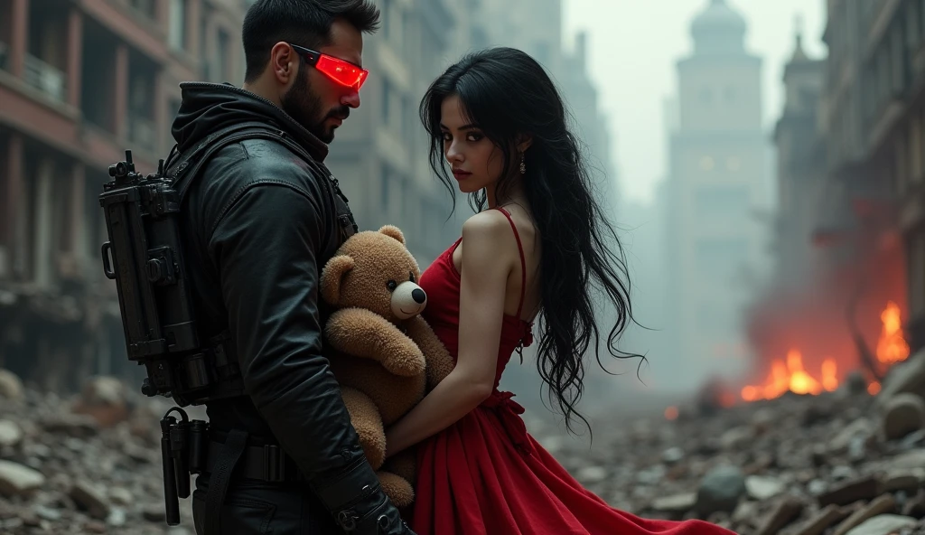 tall man F.E.A.R operative wearing red tacitcal glasses and tactical black balaclava holding pistol and hugging  in red dress with tall black hair holding plushie bear. Her height is short and her eyes glow red. They both looking at ruined city in Chaos.