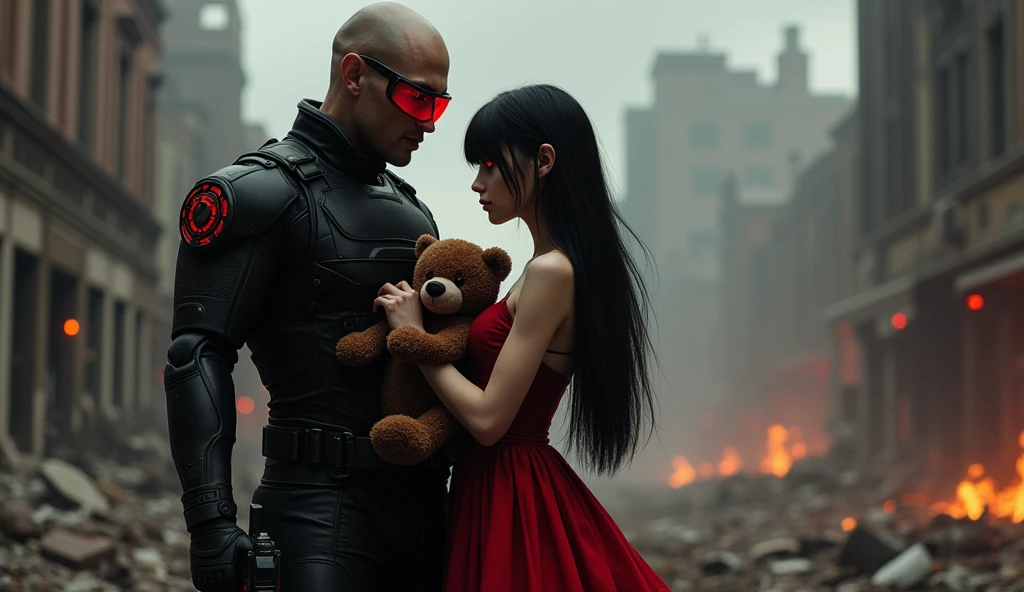 tall man F.E.A.R operative wearing red tacitcal glasses and tactical black balaclava holding pistol and hugging in red dress with tall black hair holding plushie bear. Her height is short and her eyes glow red. They both looking at ruined city in Chaos.