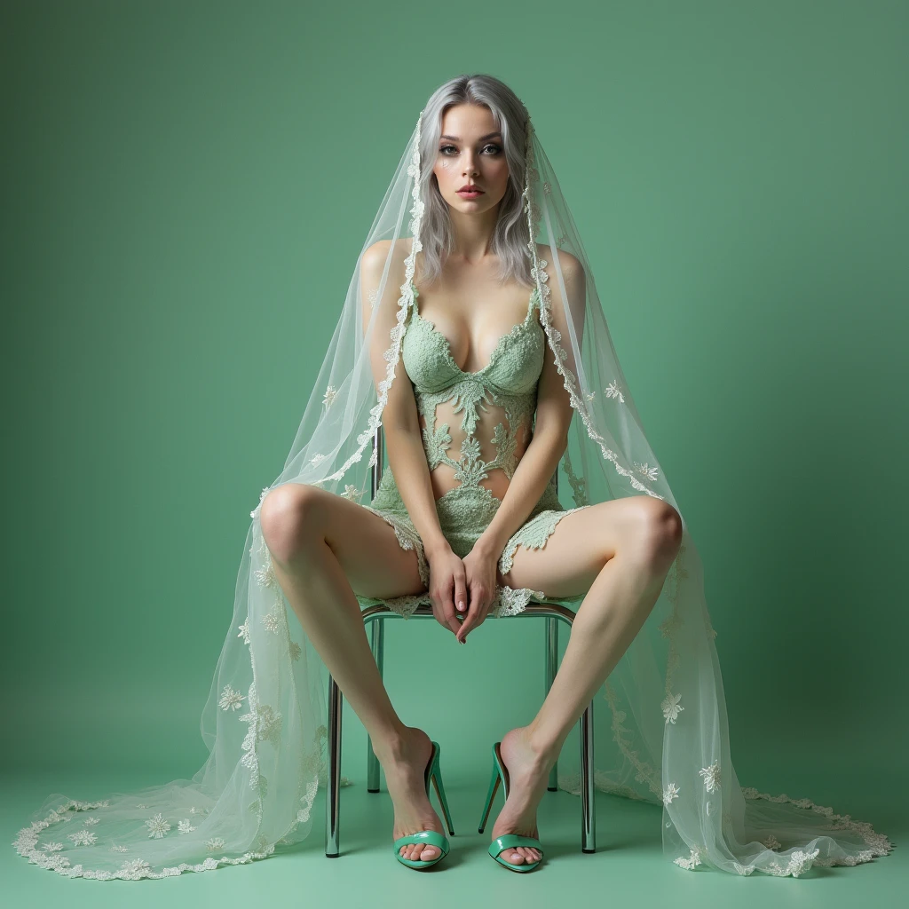Hyper-realistic photo of a professional model with pale skin posing for a fashion photoshoot. Beautiful model in transparent floral lace night short dress, slender figure, beautiful large breasts, covered in transparent veil, lots of body exposure, full body image facing forward, fantastical painting-like image, silver hair, white translucent skin, long false eyelashes, sitting on a chair facing forward with legs apart, facing forward and legs apart to show crotch , green pastel transparent floral lingerie, glass high heels,
