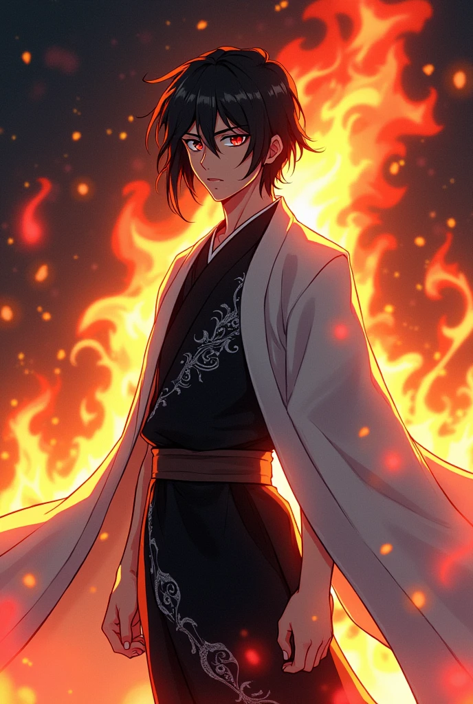 male character, straight black hair, Eyes red. Black kimono with a white cape on the shoulder, controlling fire. anime dash