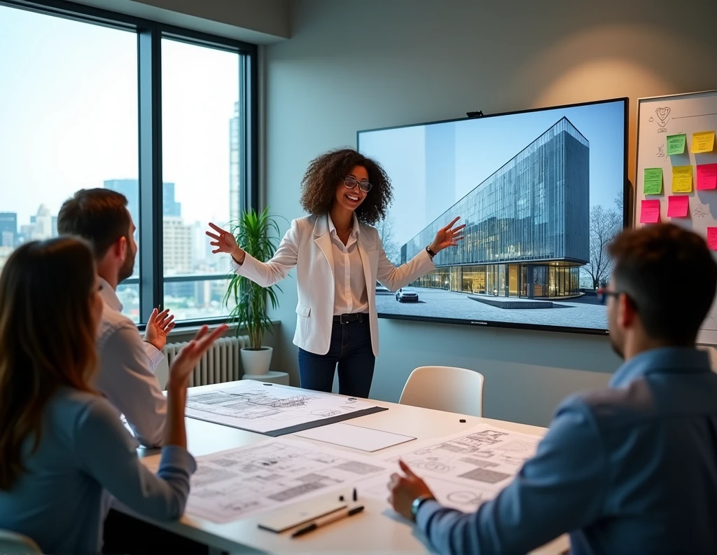 Image of a group of architects in a meeting debating a hyper realistic project