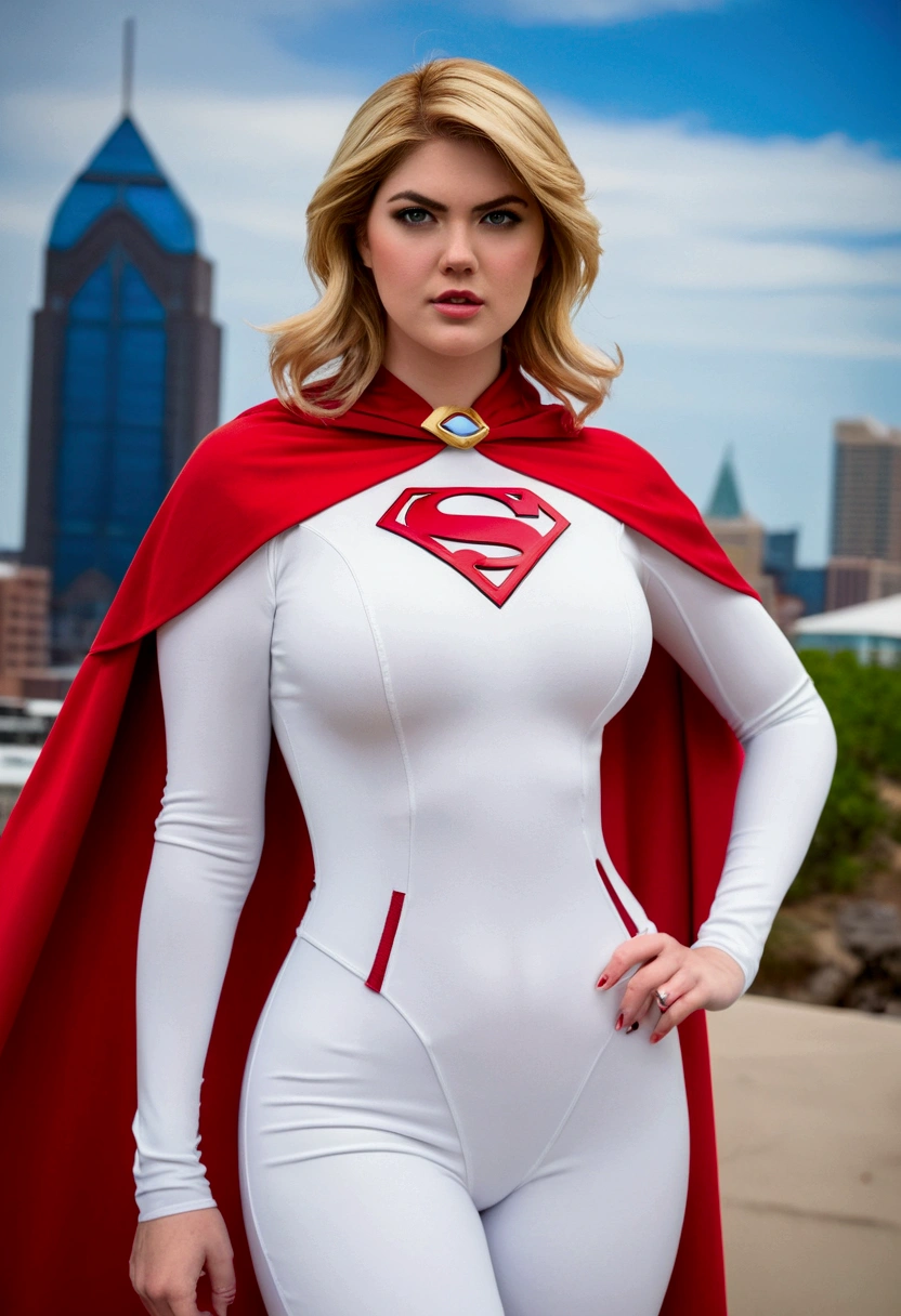 Kate Upton in a white bodysuit with a red cape, power girl, amouranth as a super villain, full-cosplay, cory chase as an atlantean, as a retro futuristic heroine, amouranth, cosplay photo, professional cosplay, better known as amouranth, cosplay, publicity cosplay