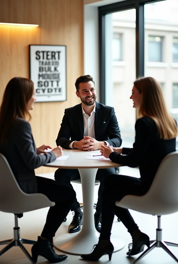 A panel of three interviewee in a room in a happy mood taking interview from a person with black coat, white shirt, black paint and shoes sitting on chair