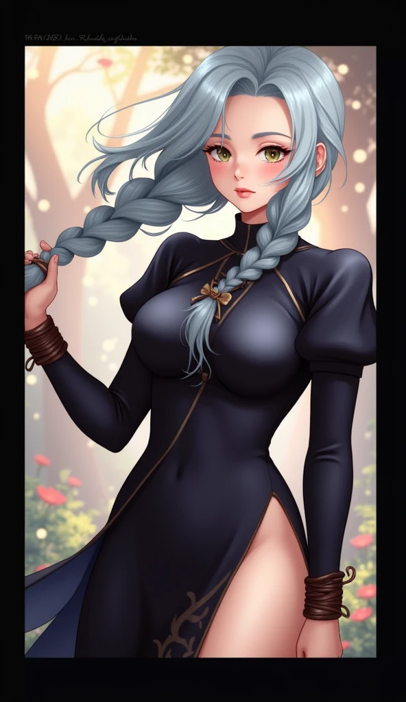 Mei Mei has long, pale blue hair., braided into two neat braids, one of which covers her left side of her face. She walks with slightly narrowed, sometimes completely closed eyes, which makes it difficult to determine the exact color of her eyes.

She wears a dark blue dress with long sleeves and a high collar., and at the bottom, pants and brown boots of the same color.