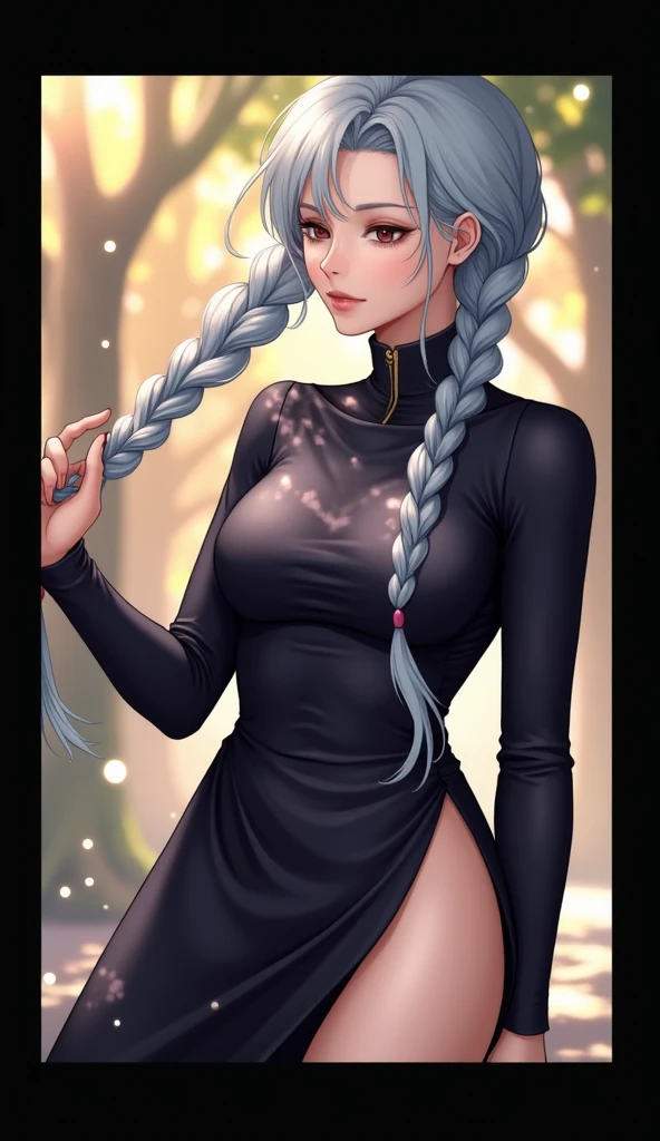 Mei Mei has long, pale blue hair., braided into two neat braids, one of which covers her left side of her face. She walks with slightly narrowed, sometimes completely closed eyes, which makes it difficult to determine the exact color of her eyes.
She wears a dark blue dress with long sleeves and a high collar., and at the bottom, pants and brown boots of the same color.