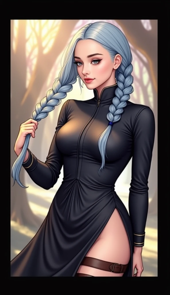 Mei Mei has long, pale blue hair., braided into two neat braids, one of which covers her left side of her face. She walks with slightly narrowed, sometimes completely closed eyes, which makes it difficult to determine the exact color of her eyes.
She wears a dark blue dress with long sleeves and a high collar., and at the bottom, pants and brown boots of the same color.