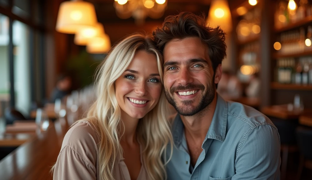 Real professional photography of two people as the main subjects of the photo, a 35-year-old adult man with a youthful appearance and a beautiful adult woman. The man should have short, slightly wavy dark brown hair and a sparse beard evenly distributed across his face. The woman should have long, loose, slightly disheveled platinum blonde hair, fair, almost pale skin with a slight flush to the cheeks, and bright, piercing blue eyes. The man and woman must be looking directly at the camera with smiles on their faces showing an expression of joy and satisfaction. Both are sitting together at a bar counter in a sophisticated restaurant, positioned sideways, with the man facing the front and the woman slightly back, but both are looking at the camera. They are wearing elegant clothes that are in keeping with the restaurant environment. The background should be out of focus, adding depth to the image, to suggest the interior of a restaurant at night, with people, tables, chairs, lamps in a bokeh effect, and everything that makes up the interior of a restaurant should be present, but out of focus so as not to distract the attention of the man and woman. The photograph should capture extreme detail, with a high-quality rendering in 8k, with professional photographic quality and attention to detail that conveys the realism of a restaurant.