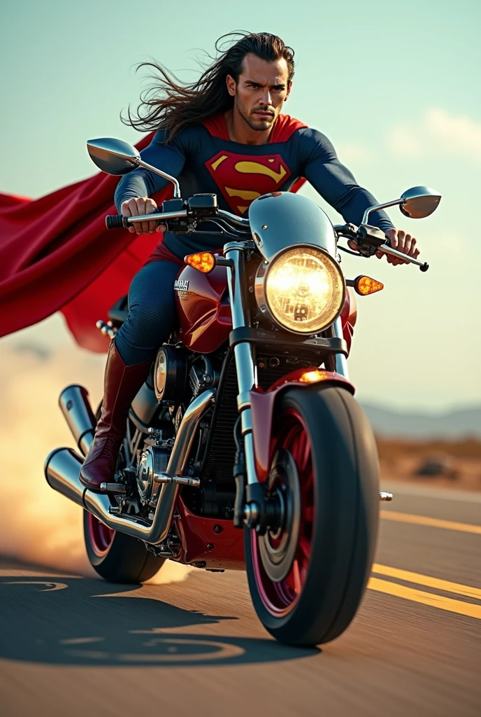 a muscular superman riding a yamaha rxz motorcycle, incredibly detailed, 8k, photorealistic, dynamic action pose, dramatic lighting, cinematic composition, vibrant colors, intricate mechanical details, gleaming metallic surfaces, flowing hair, chiseled facial features, piercing eyes, heroic expression, dynamic motion blur, ground-breaking technology, retro futuristic style, stunning sci-fi landscape, epic adventure, masterpiece