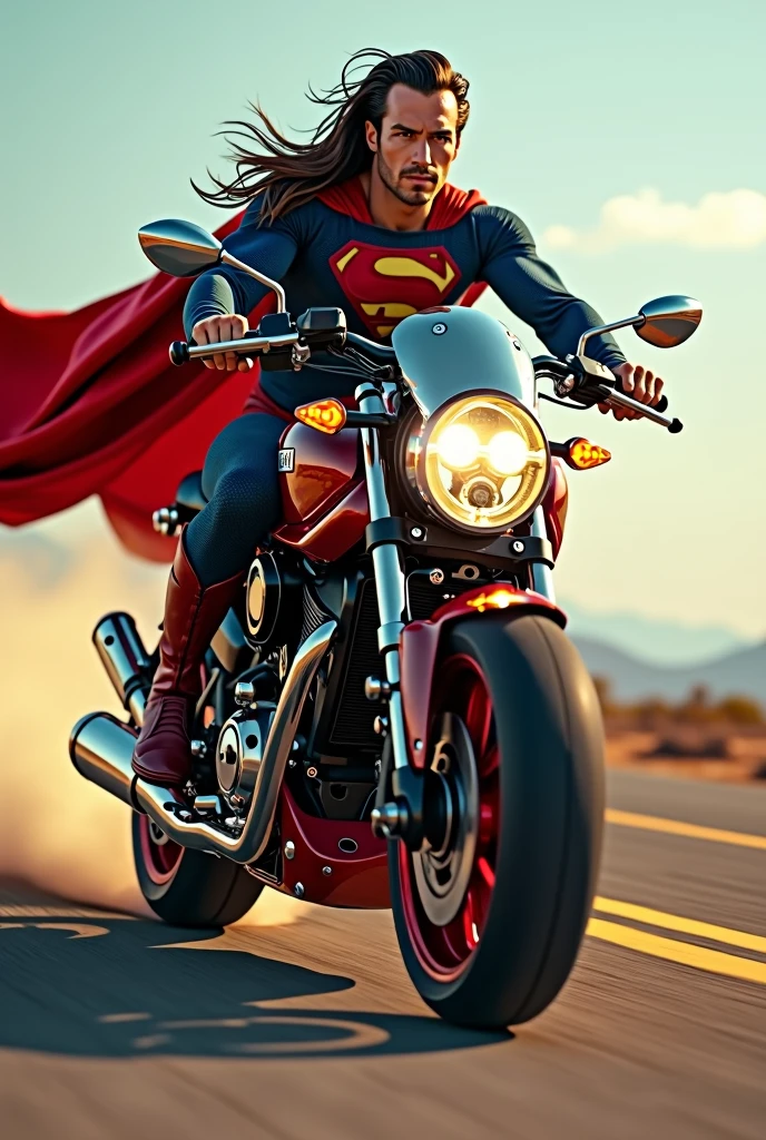 a muscular superman riding a yamaha rxz motorcycle, incredibly detailed, 8k, photorealistic, dynamic action pose, dramatic lighting, cinematic composition, vibrant colors, intricate mechanical details, gleaming metallic surfaces, flowing hair, chiseled facial features, piercing eyes, heroic expression, dynamic motion blur, ground-breaking technology, retro futuristic style, stunning sci-fi landscape, epic adventure, masterpiece