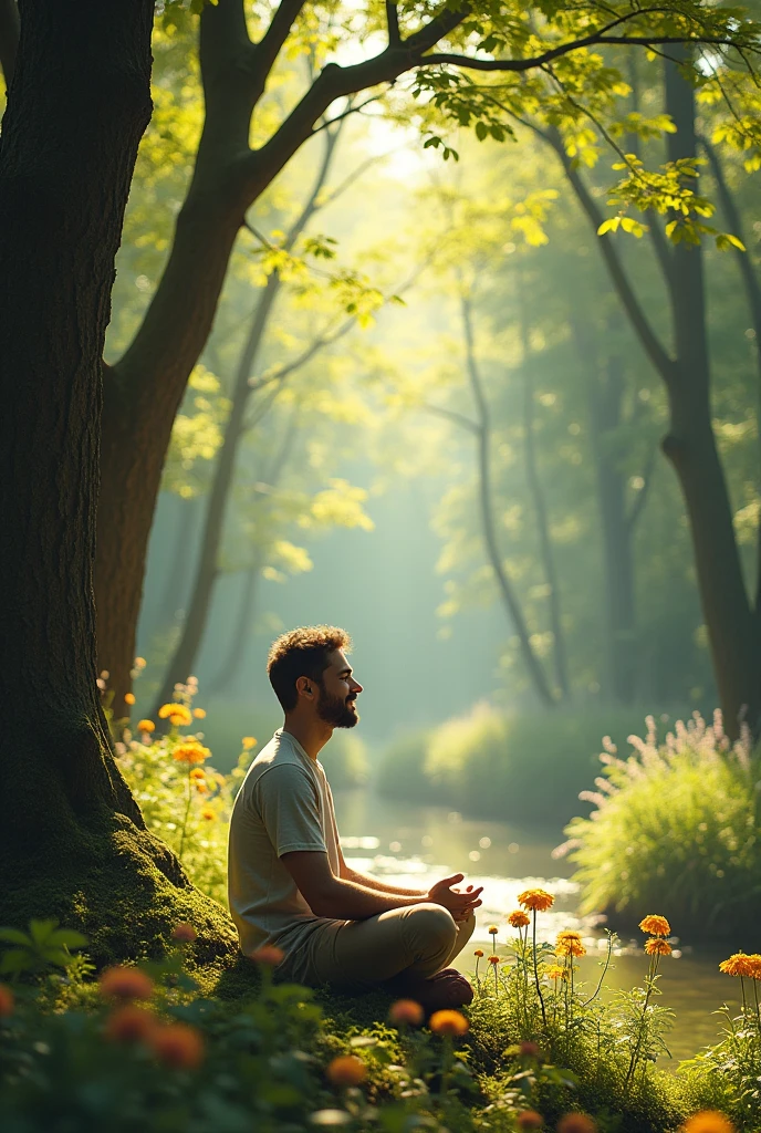 A person meditating in a peaceful environment, with a serene expression on his face.