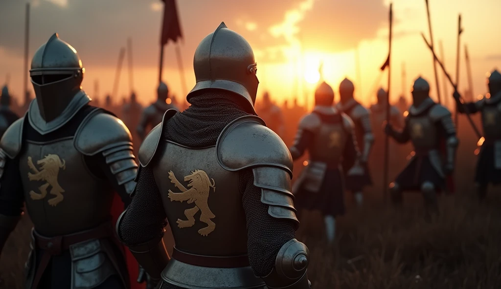 A highly realistic, high-contrast, 8K HD, detailed, hyper-detailed image of medieval knights engaged in battle as dawn begins to break. The knights, clad in steel armor with a lion emblem on their tunics and helmets fully covering their faces, fight with determination as the first light of morning starts to illuminate the battlefield. The sky is transitioning from darkness to light, with the soft glow of the sunrise just beginning to appear on the horizon. The atmosphere is filled with the tension and energy of battle, combined with the hope and renewal symbolized by the approaching dawn. The image is of the highest quality, with ultra-high resolution, RAW photo quality, and Unreal Engine rendering, capturing the knights' relentless spirit as they fight towards the new day, guided by the rising sun, with the lion emblem proudly displayed on their armor.