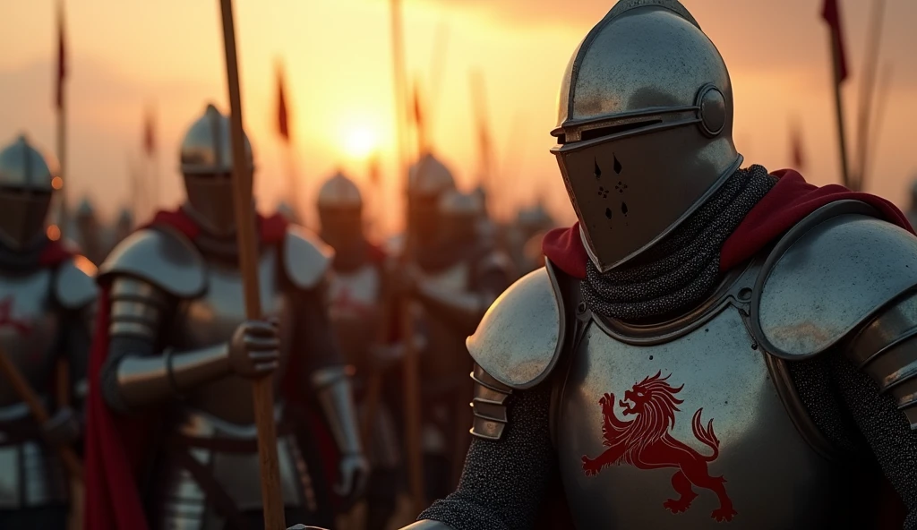A highly realistic, high-contrast, 8K HD, detailed, hyper-detailed image of medieval knights engaged in battle as dawn begins to break. The knights, clad in steel armor with a lion emblem on their tunics and helmets fully covering their faces, fight with determination as the first light of morning starts to illuminate the battlefield. The sky is transitioning from darkness to light, with the soft glow of the sunrise just beginning to appear on the horizon. The atmosphere is filled with the tension and energy of battle, combined with the hope and renewal symbolized by the approaching dawn. The image is of the highest quality, with ultra-high resolution, RAW photo quality, and Unreal Engine rendering, capturing the knights' relentless spirit as they fight towards the new day, guided by the rising sun, with the lion emblem proudly displayed on their armor.
