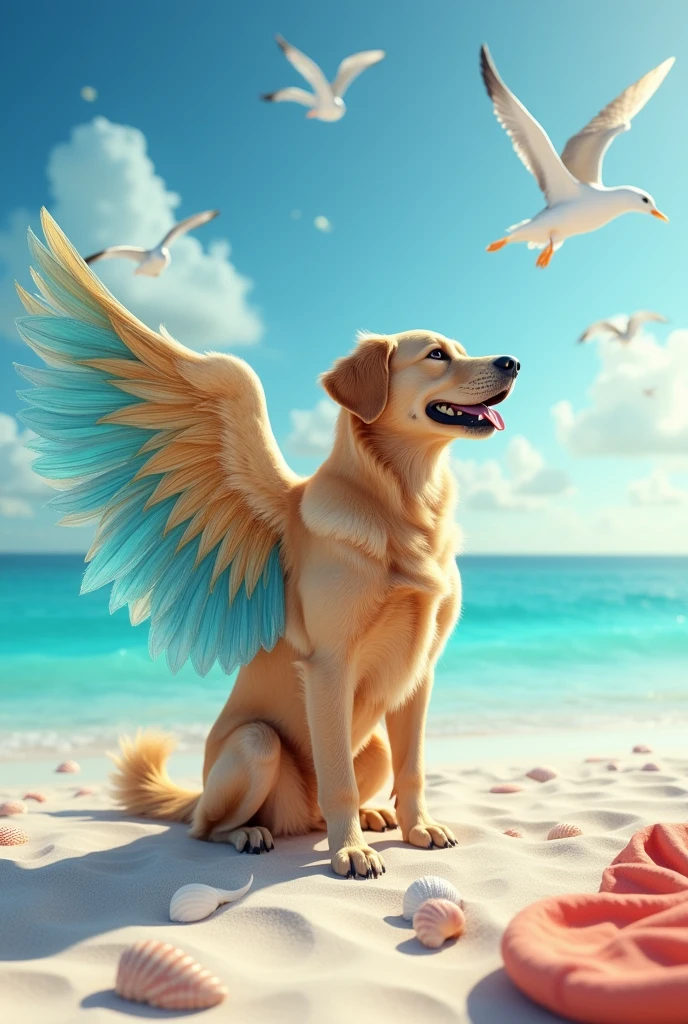 Make me a 3D dog with wings on the beach