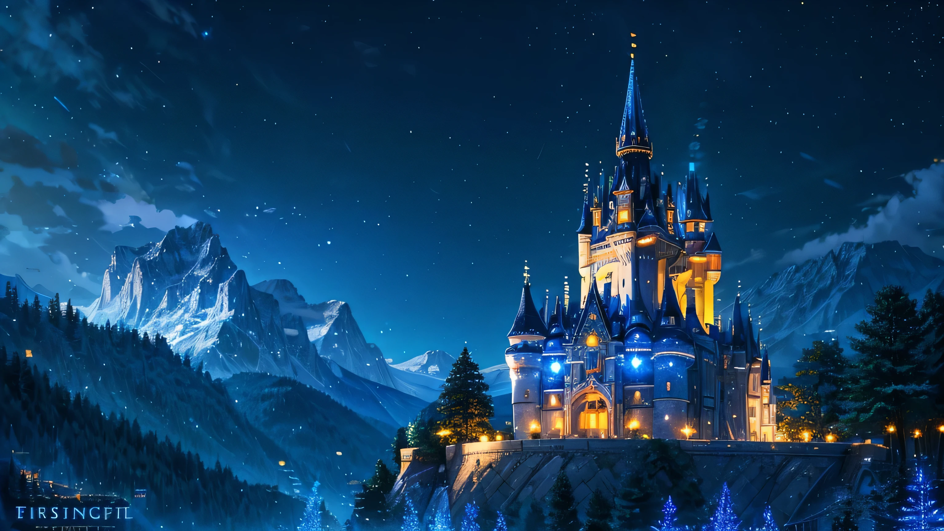 anime inspired castle in the alps with bright blue glass like sky shinning twinkling sparkling effect(bokeh effect) (fireflies)