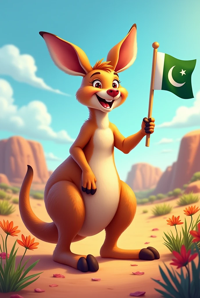 A laughing kangaroo waving a Pakistani flag