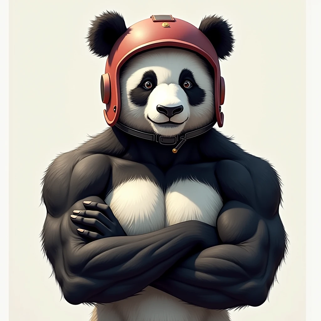The panda has muscles and is wearing a helmet.