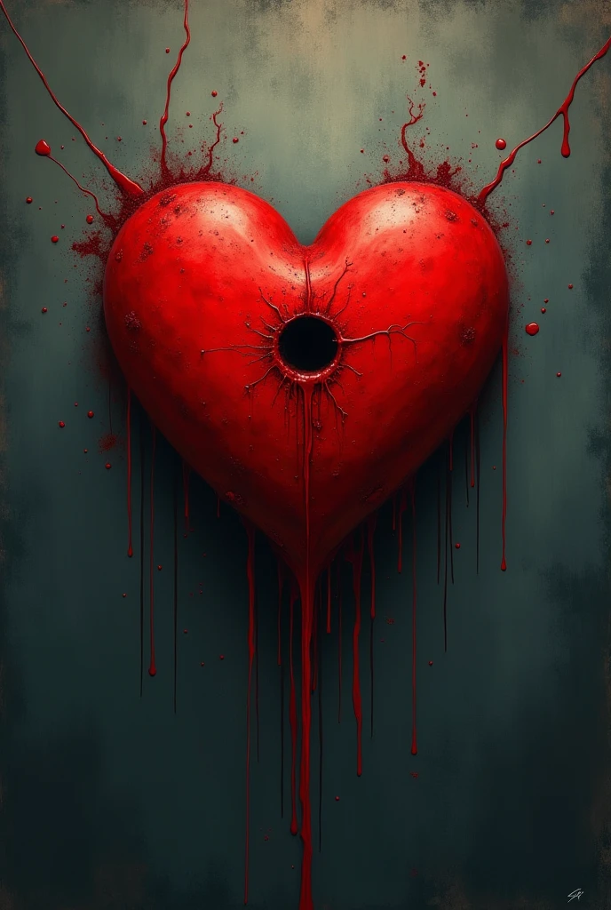 Drawing of a round heart, with a gunshot wound, that is bleeding, and has blood splattered around it