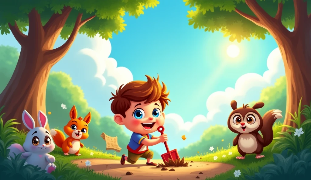 "A cheerful cartoon with a small shovel, digging into the soft earth, with a treasure map in hand, surrounded by playful woodland creatures, under a bright sunny sky."