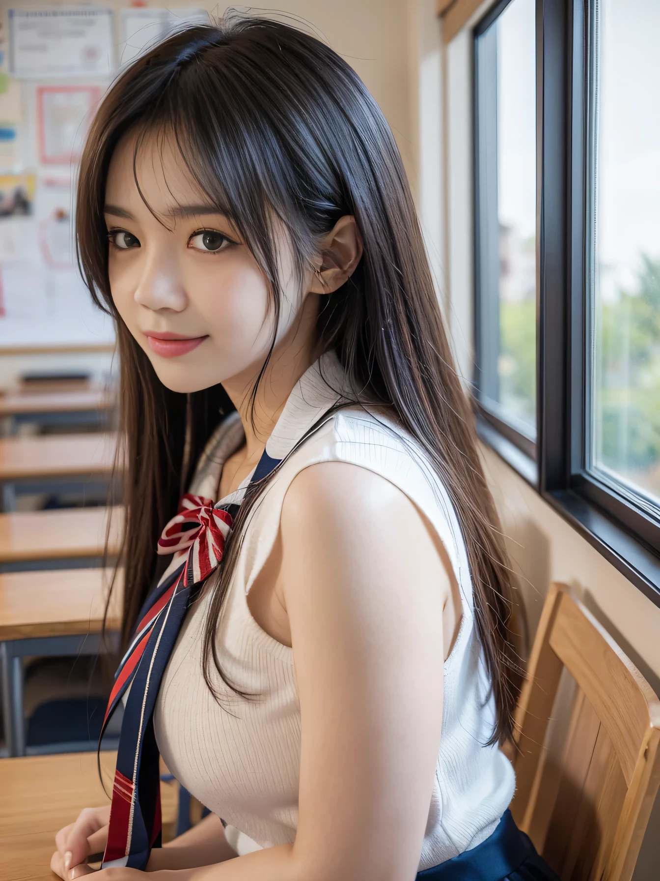 （((Good weather)))、（((Looking through the window glass、Up close composition)))、(((High school girls)))、((one person)), ((Highest quality)), (Very detailed), (Very detailed CG synthesis 8k wallpaper), Very detailed, High resolution RAW color photos, Professional photography, Black Hair, Long Hair、Great face and eyes, ((Traditional sailor uniform、White top with a navy ribbon、Black pleated skirt)), (((Beautiful big breasts))), (Stunningly beautiful alone), Depth of written boundary、((High resolution、Detailed classroom scene、Modern Schools、Classroom interior、Wooden desk and chair、Blackboard and whiteboard、Educational posters on the walls、Fluorescent lights on the ceiling、Bright and clean atmosphere、Polished wooden floor、Realistic texture、Depicting every detail、4K quality、Ultra high definition、Professional Writing、illumination: "Soft natural light、Even fluorescent light illumination from the ceiling、Even brightness with minimal shadows" Farbe: "Warm Farbes、Walls are in soft pastel Farbes" composition: "Wide-angle shot、View of the entire room"))、((Long Hairの、smile)),


