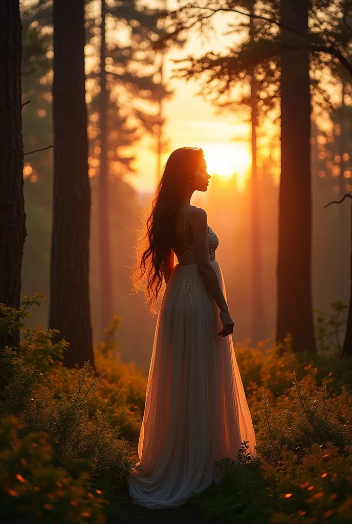 Beautiful mystical woman with brown hair, in a beautiful forest enjoying the sunset  