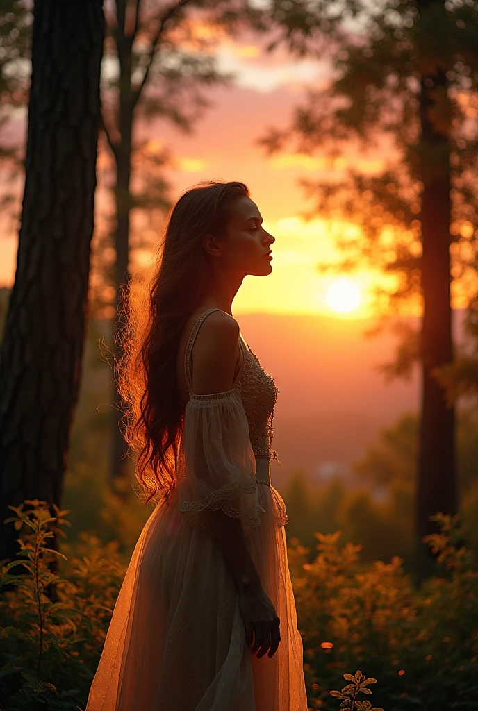 Beautiful mystical woman with brown hair, in a beautiful forest enjoying the sunset