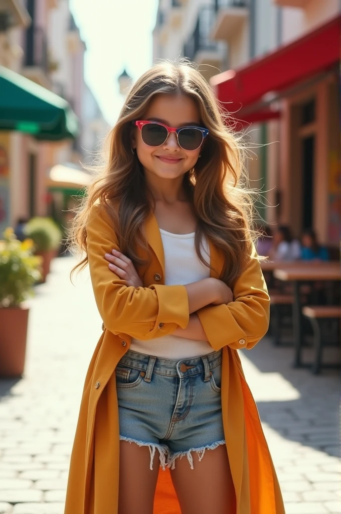 cute girl, wearing sunglasses, wearing a long jacket with shorts on, crossing her arm