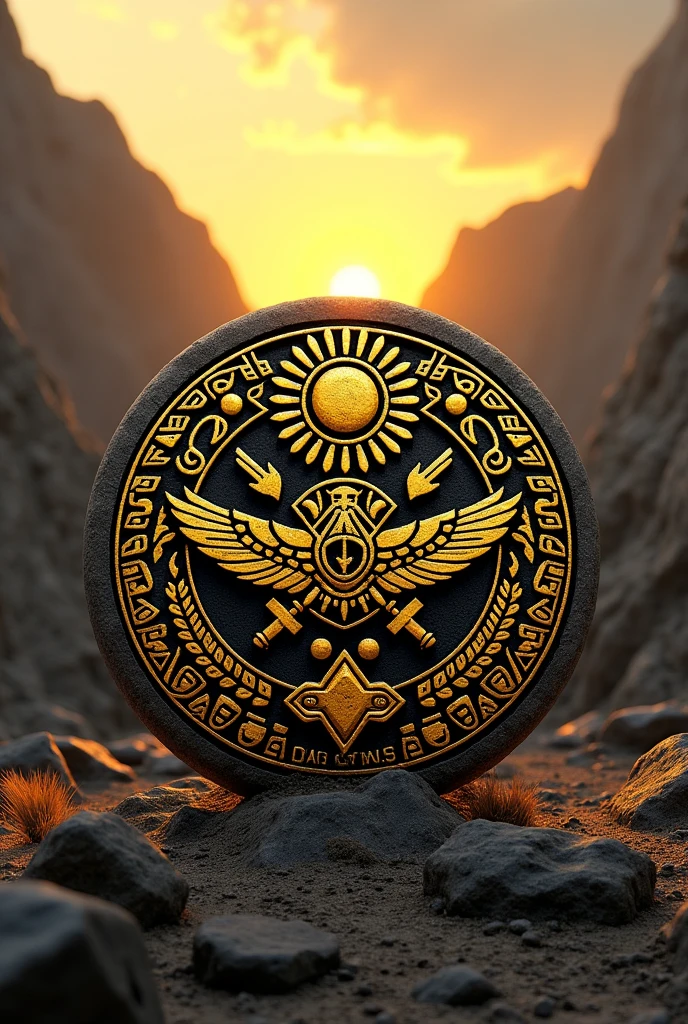 Military logo that says 'Grupo Defion Militar' based on pre-Inca culture in yellow and black photorealistic background