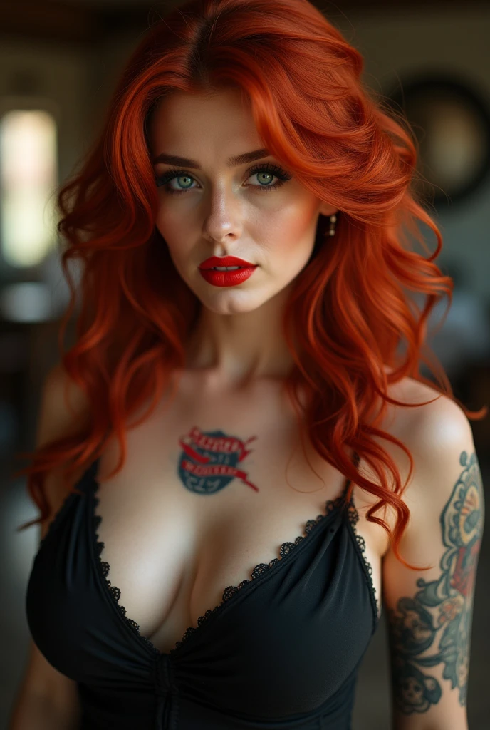 1women, naked, big butt, hourglass shape, seductive expression, bright red lips, sexy tattoo on hand, neck red head hair, short hair , wavy hair, messy hair, curly hair, beautiful detailed eye, beautiful detailed blue eye, sexy neckline, large neckline