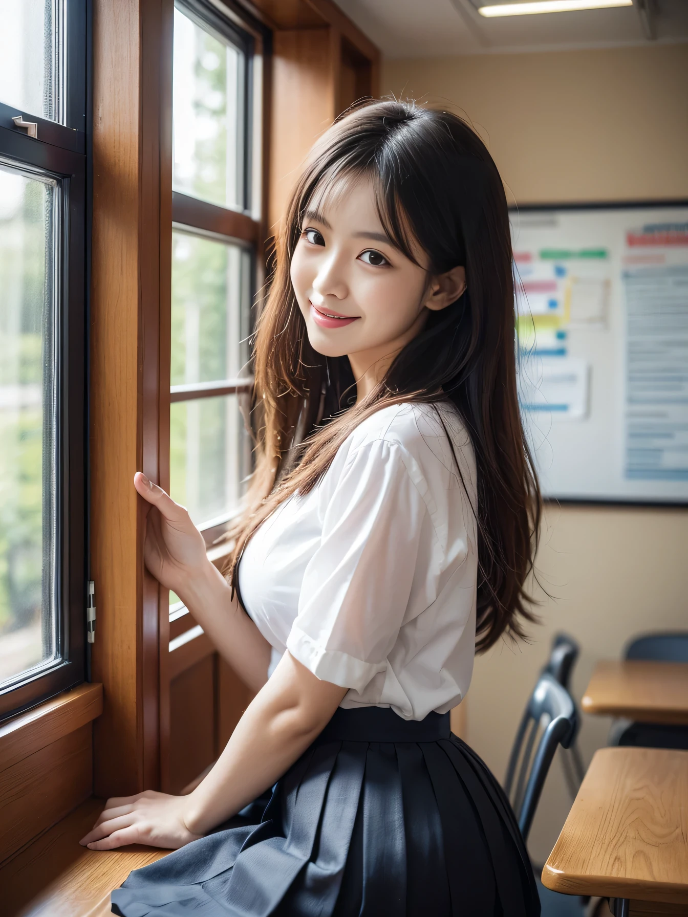 (((Good weather)))、(((Looking through the window glass、Close-up composition)))、(((High school girls)))、((one person)), ((Highest quality)), (Very detailed), (Very detailed CG synthesis 8k wallpaper), Very detailed, High resolution RAW color photos, Professional photography, Black Hair, Long Hair、Great face and eyes, ((Traditional sailor uniform、White top with a navy ribbon、Black pleated skirt)), (((Beautiful big breasts))), (Stunningly beautiful alone), Depth of written boundary、((High resolution、Detailed classroom scene、Modern Schools、Classroom interior、Wooden desk and chair、Blackboard and whiteboard、Educational posters on the walls、Fluorescent lights on the ceiling、Bright and clean atmosphere、Polished wooden floor、Realistic texture、Depicting every detail、4K quality、Ultra high definition、Professional Writing、illumination: "Soft natural light、Even fluorescent light illumination from the ceiling、Even brightness with minimal shadows" Farbe: "Warm Farbes、Walls are in soft pastel Farbes,Wide-angle shot))、((Long Hairの、smile)),(((Addicted to online shopping on smartphones)))