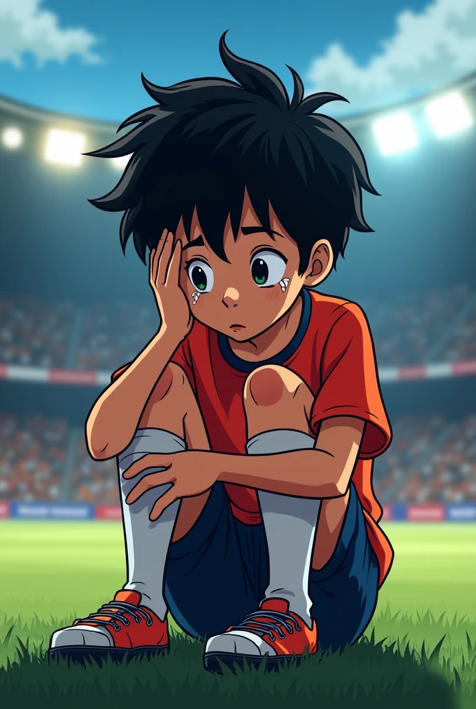 Make an 18 year old, with black hair who dreamed of being a player, But his knee gave out. He is sitting holding his knee with one hand, putting your hand on your face with the other. He is crying. Do it in cartoon.