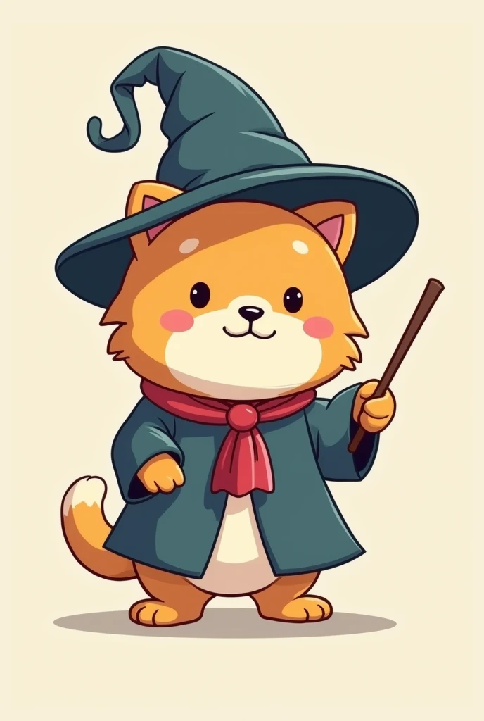Simple and cute cartoon character illustrations, A cute bipedal Scottish Fold in the style of a chibi character,The majority of the background is a single color, The Scottish Fold is wearing a slightly oversized wizard's hat, Wearing a magician's robe, Has a wizard's wand, A design that evokes a sense of familiarity and trustworthiness,Facing forward