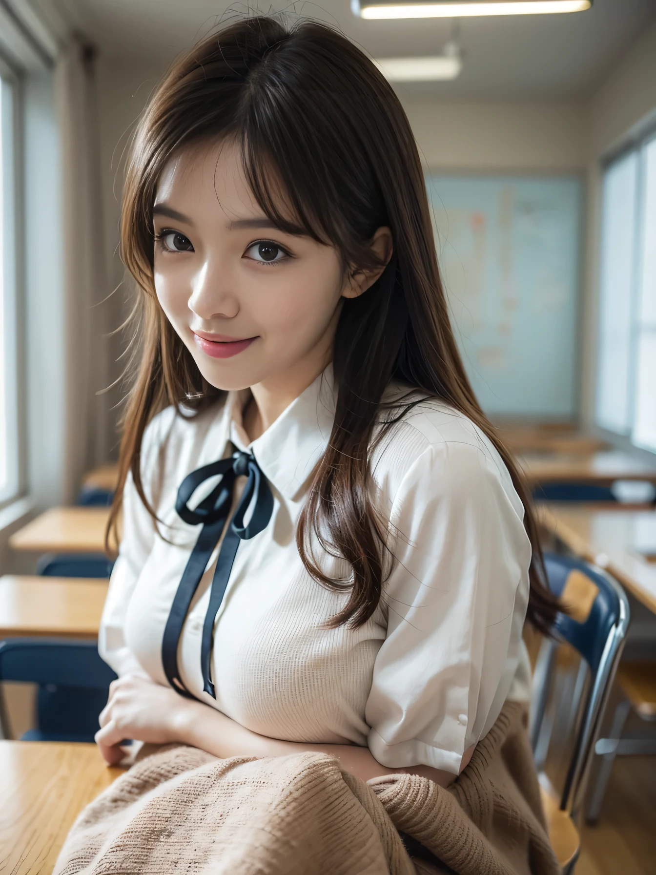 （((Good weather)))、（((Looking through the window glass、Close-up composition)))、(((High school girls)))、((one person)), ((Highest quality)), (Very detailed), (Very detailed CG synthesis 8k wallpaper), Very detailed, High resolution RAW color photos, Professional photography, Black Hair, Long Hair、Great face and eyes, ((Traditional sailor uniform、White top with a navy ribbon、Black pleated skirt)), (((Beautiful big breasts))), (Stunningly beautiful alone), Depth of written boundary、((High resolution、Detailed classroom scene、Modern Schools、Classroom interior、Wooden desk and chair、Blackboard and whiteboard、Educational posters on the walls、Fluorescent lights on the ceiling、Bright and clean atmosphere、Polished wooden floor、Realistic texture、Depicting every detail、4K quality、Ultra high definition、Professional Writing、illumination: "Soft natural light、Even fluorescent light illumination from the ceiling、Even brightness with minimal shadows" Farbe: "Warm Farbes、Walls are in soft pastel Farbes,Wide-angle shot))、((Long Hairの、smile)),(((Addicted to online shopping on smartphones)))


