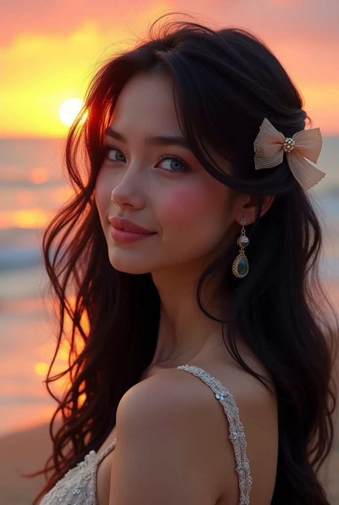 A young woman with long dark hair looking at the horizon on the beach with the sun visible in the distance. 1 girl, Alone, Long hair, High resolution, Breasts, Smile, Blue eyes, Masterpiece, 1 girl, Alone, Long hair, High resolution, Breasts, Blushing, Smile, High resolution, Accurate, Anatomically correct, Top quality, Award winning, Long hair, Brown hair, Very long hair, Ponytail, Breasts, Large breasts, Earrings, Close up, Focal length 35mm, Aperture F1.2, Hair ornament, Ribbon, Depth of field, Backlight,